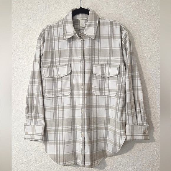 H&M Tops - H&M Mens Plaid Shacket Button Up Overshirt Neutral Streetwear Grunge Size Small